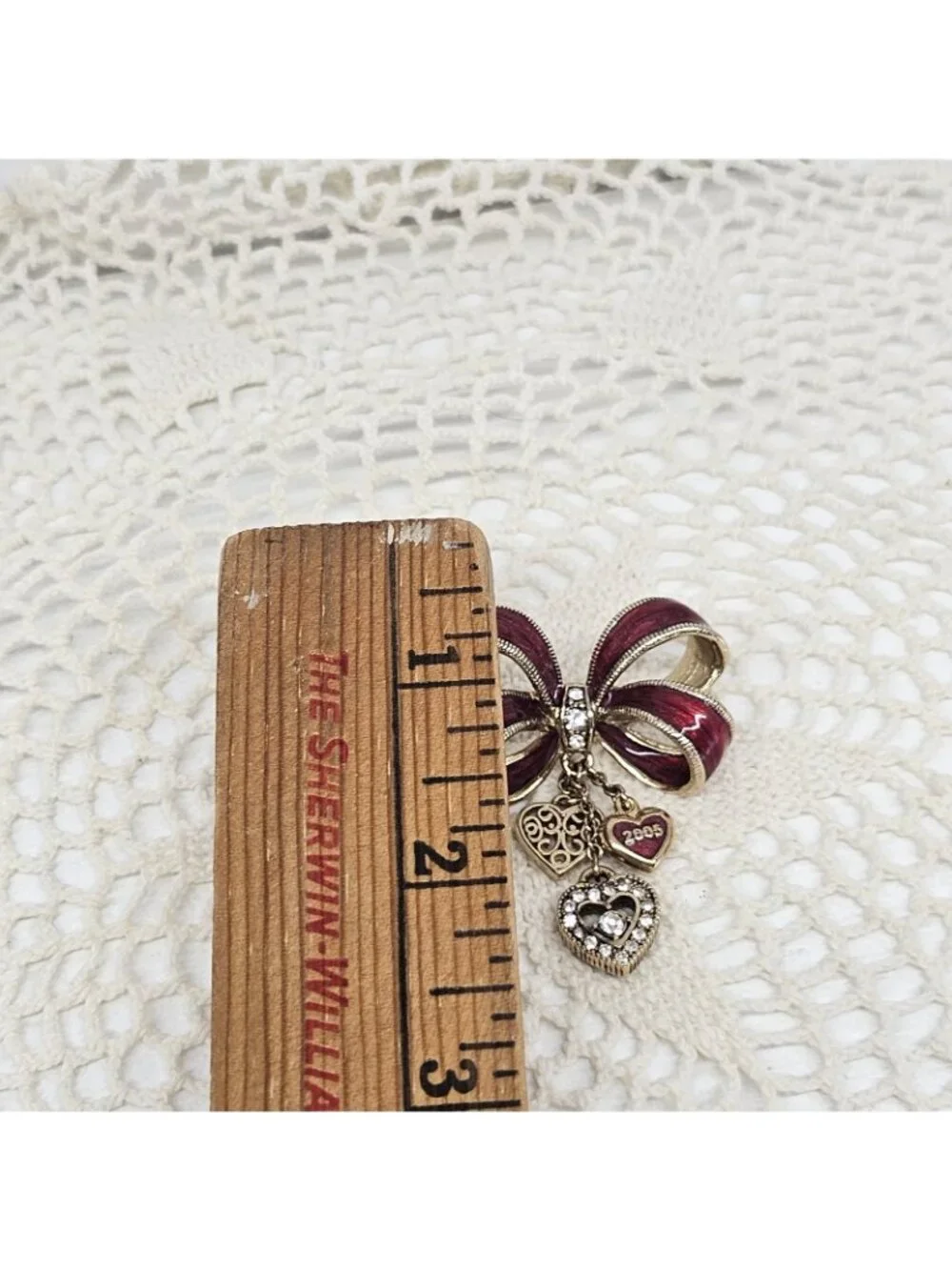 Monet 2005 Red Enamel Bow Brooch Pin Crystal Heart Dangle Charms Vintage Jewelry